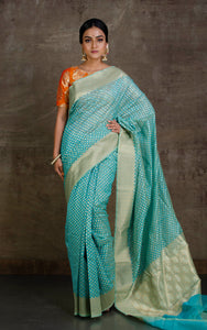 Handwoven Cotton Chanderi Saree in Greenish Cyan. Silver and Muted Gold