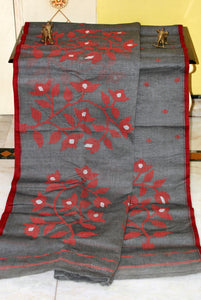 Skirt Nakshi Hand Work Jamdani Saree in Steel Grey, Dark Red and Off White Thread Work