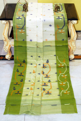 Hand Woven Cotton Dhakai Jamdani Saree in White, Pear Green and Multicolored Thread Work