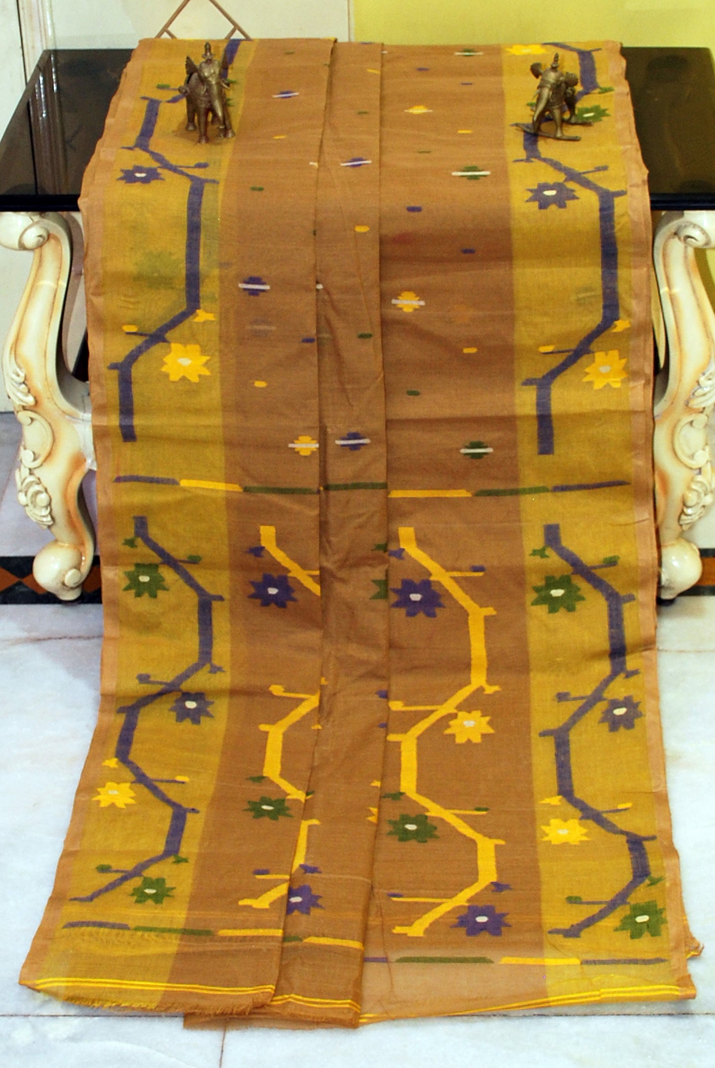 Hand Woven Cotton Dhakai Jamdani Saree in Khaki Brown, Yellow and Multicolored Thread Work