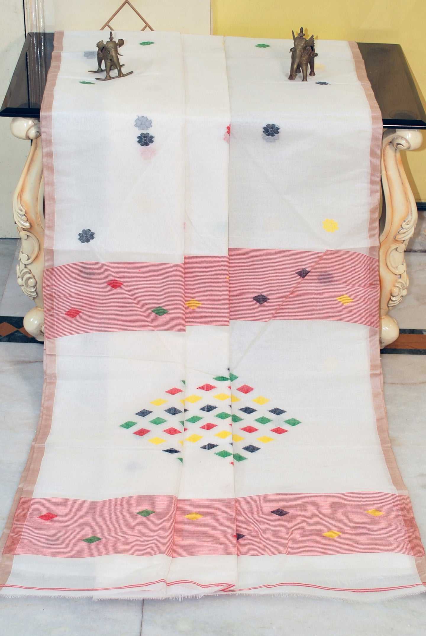 Rhombus Motif Pallu Hand Work Cotton Dhakai Jamdani Saree in Off White, Red and Multicolored