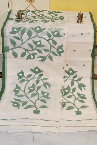 Skirt Nakshi Hand Work Jamdani Saree in Parchment White, Dark Green and White Thread Work