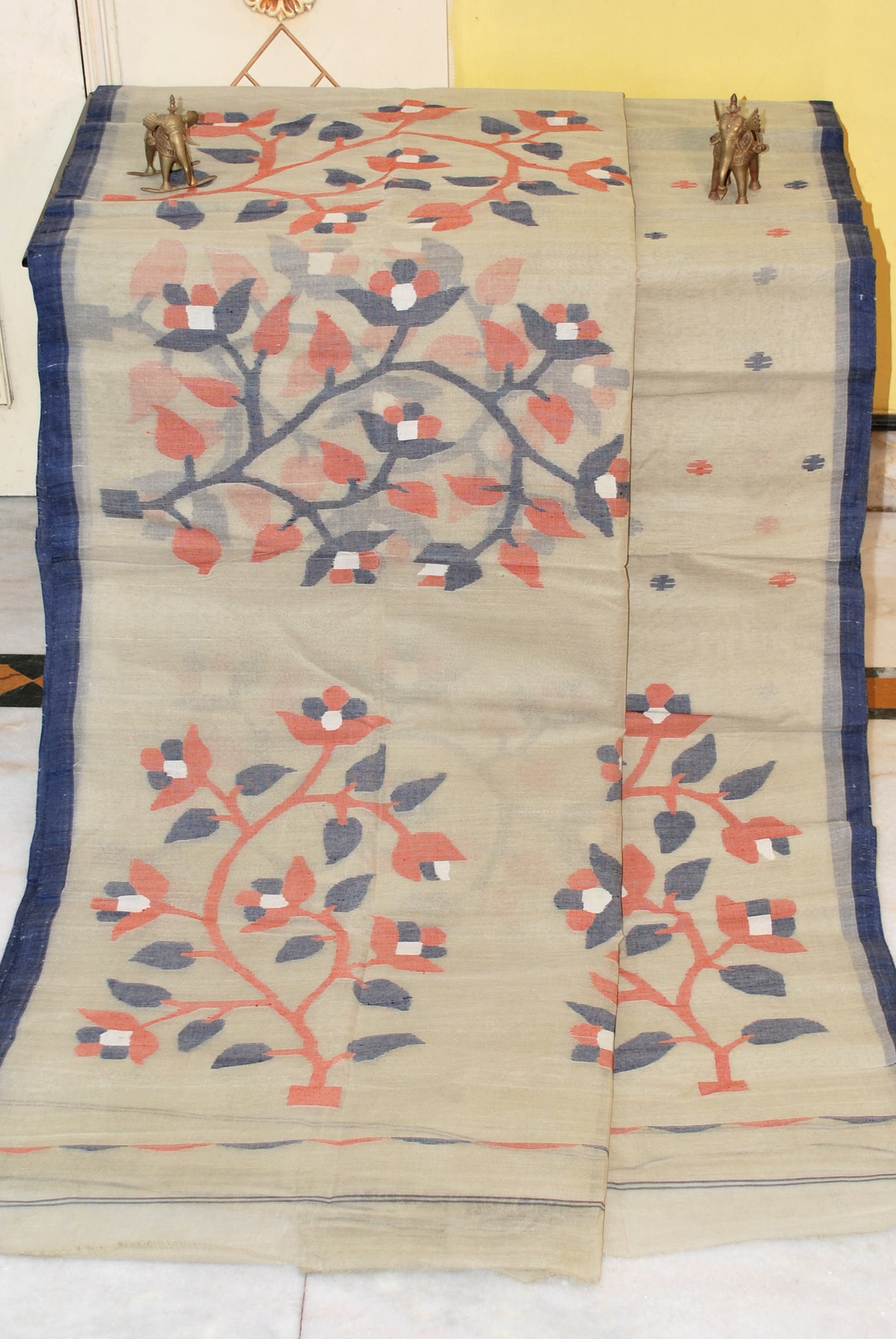 Skirt Nakshi Hand Work Jamdani Saree in Beige, Midnight Blue, Brown and Off White Thread Work