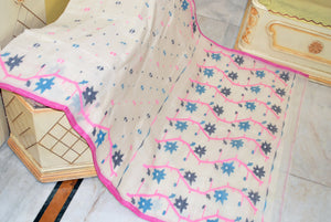 Hand Woven Cotton Dhakai Jamdani Saree in Off White, Pink, Strobe Blue and Black
