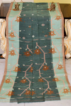 Hand Woven Cotton Dhakai Jamdani Saree in Juniper Green, Sepia, Paste Green, Brown and Off White