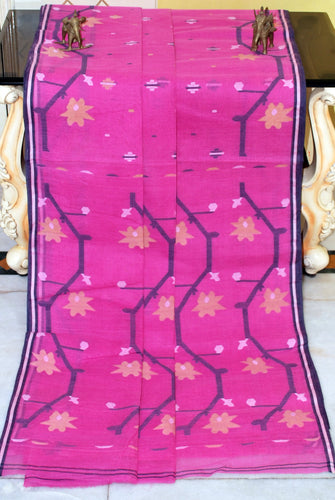 Hand Woven Cotton Dhakai Jamdani Saree in Pink, Midnight Blue, Beige and Off White