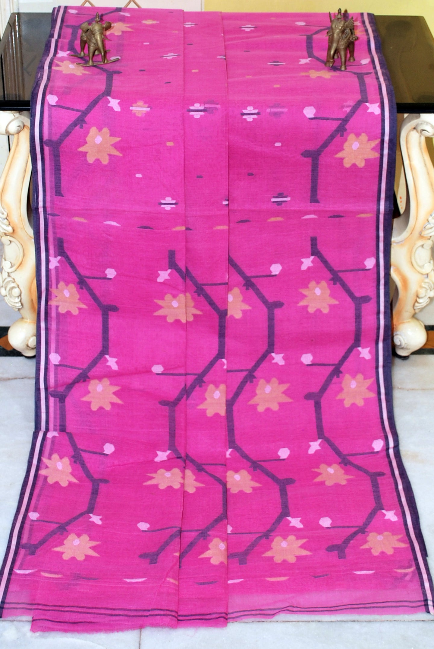 Hand Woven Cotton Dhakai Jamdani Saree in Pink, Midnight Blue, Beige and Off White