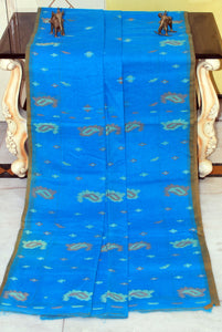 Traditional Hand Karat Work Cotton Jamdani Saree in Cobalt Blue, Brown and Beige Thread Work