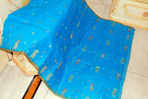 Traditional Hand Karat Work Cotton Jamdani Saree in Cobalt Blue, Brown and Beige Thread Work