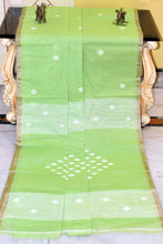 Rhombus Motif Pallu Hand Work Cotton Dhakai Jamdani Saree in Crayola Yellow Green and White