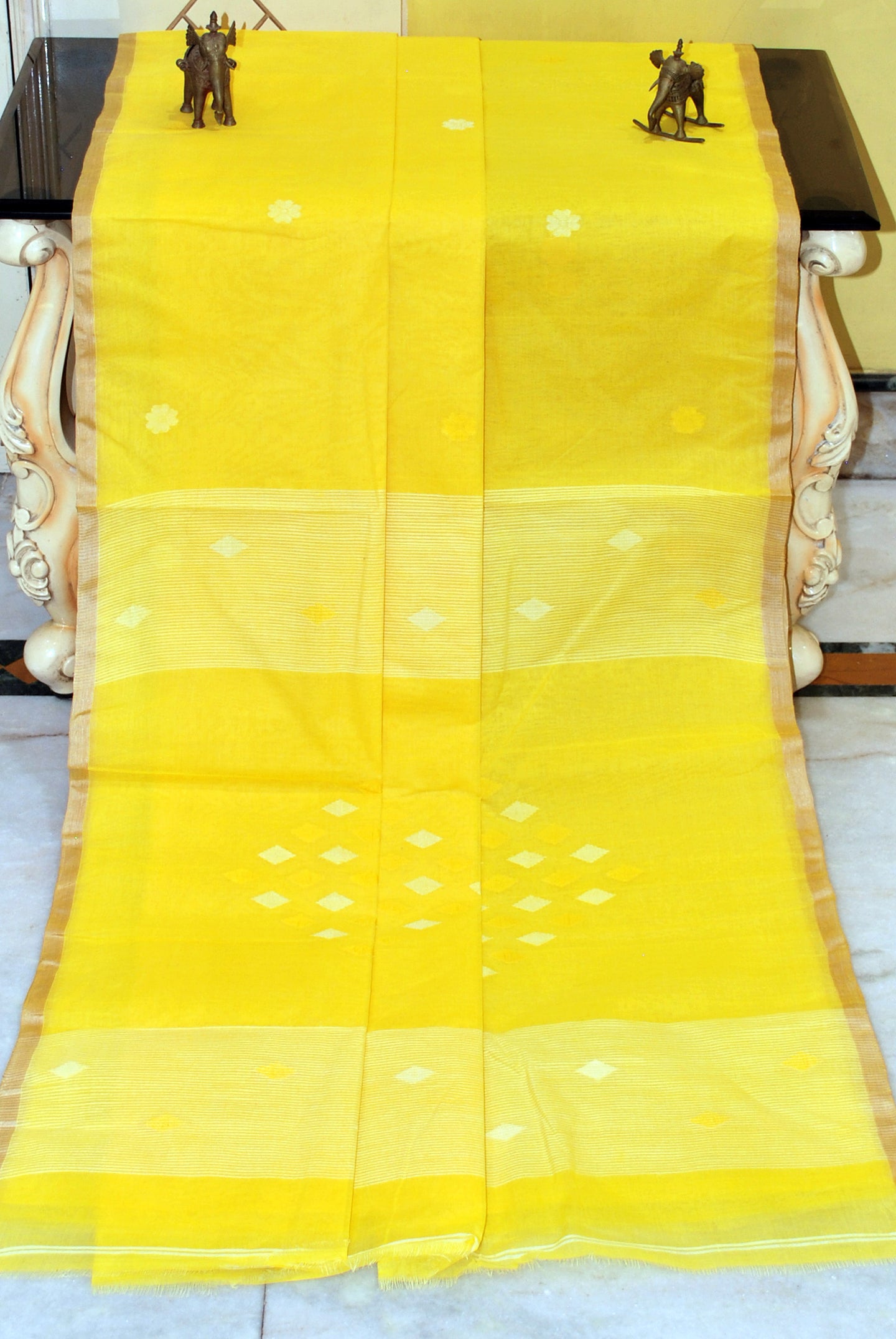 Rhombus Motif Pallu Hand Work Cotton Dhakai Jamdani Saree in Bright Yellow and White