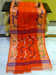 Hand Work Cotton Dhakai Jamdani Saree in Orange and Multicolored Thread Work
