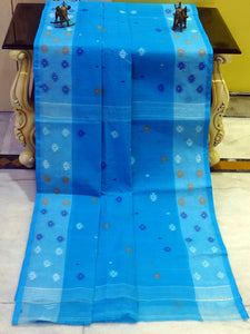 Hand Work Cotton Dhakai Jamdani Saree in Azure Blue, Sky Blue and Multicolored