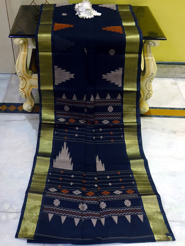 Tanchui Border Cotton Dhakai Jamdani Saree in Black, Brown and Beige