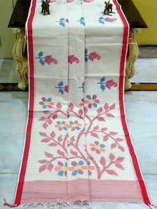 Premium Quality Hand Work Cotton Dhakai Jamdani Saree in Off White, Red and Multicolored Woven Thread Work