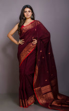 Premium Quality Double Warp Soft Pure Cotton Banarasi Saree in Dark Maroon, Red and Copper Zari Work