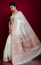 Premium Quality Double Warp Soft Pure Cotton Banarasi Saree in Off White, Red and Copper Zari Work