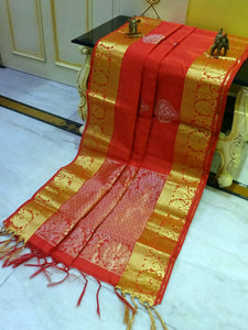 Cotton Silk Kanjivaram Saree in Orange, Silver and Gold