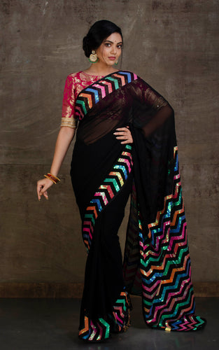 Designer Georgette Bollywood Saree with Woven Sequin Work in Black and Multicolored