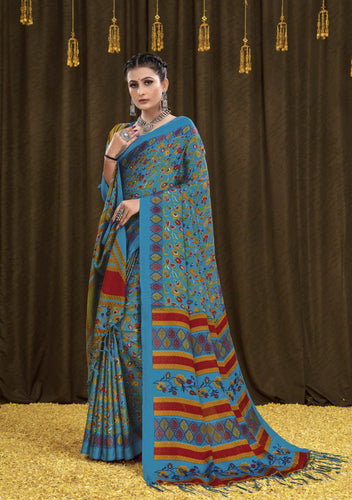 Printed Pashmina Saree and Shawl in Cerulean Blue, Dark Red and Multicolored Prints