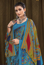Printed Pashmina Saree and Shawl in Cerulean Blue, Dark Red and Multicolored Prints