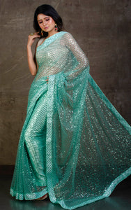 Designer Italian Net with Sequin Woven Bollywood Sarees in Mint Green