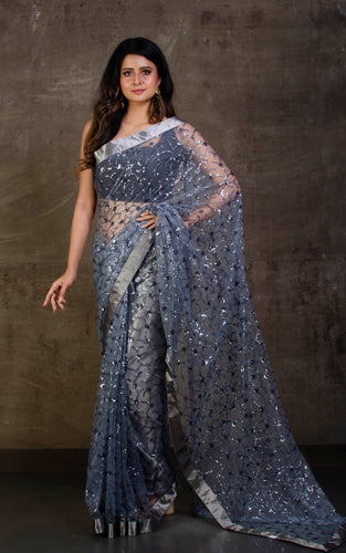 Designer Italian Net with Sequin Woven Bollywood Sarees in Pewter Grey