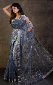 Designer Italian Net with Sequin Woven Bollywood Sarees in Pewter Grey