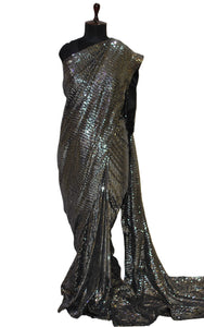 Designer Italian Net with Sequin Woven Bollywood Sarees in Soot Black