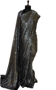 Designer Italian Net with Sequin Woven Bollywood Sarees in Soot Black