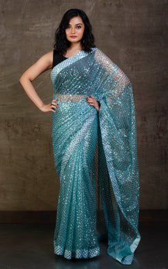 Designer Italian Net with Sequin Woven Bollywood Sarees in Pale Blue