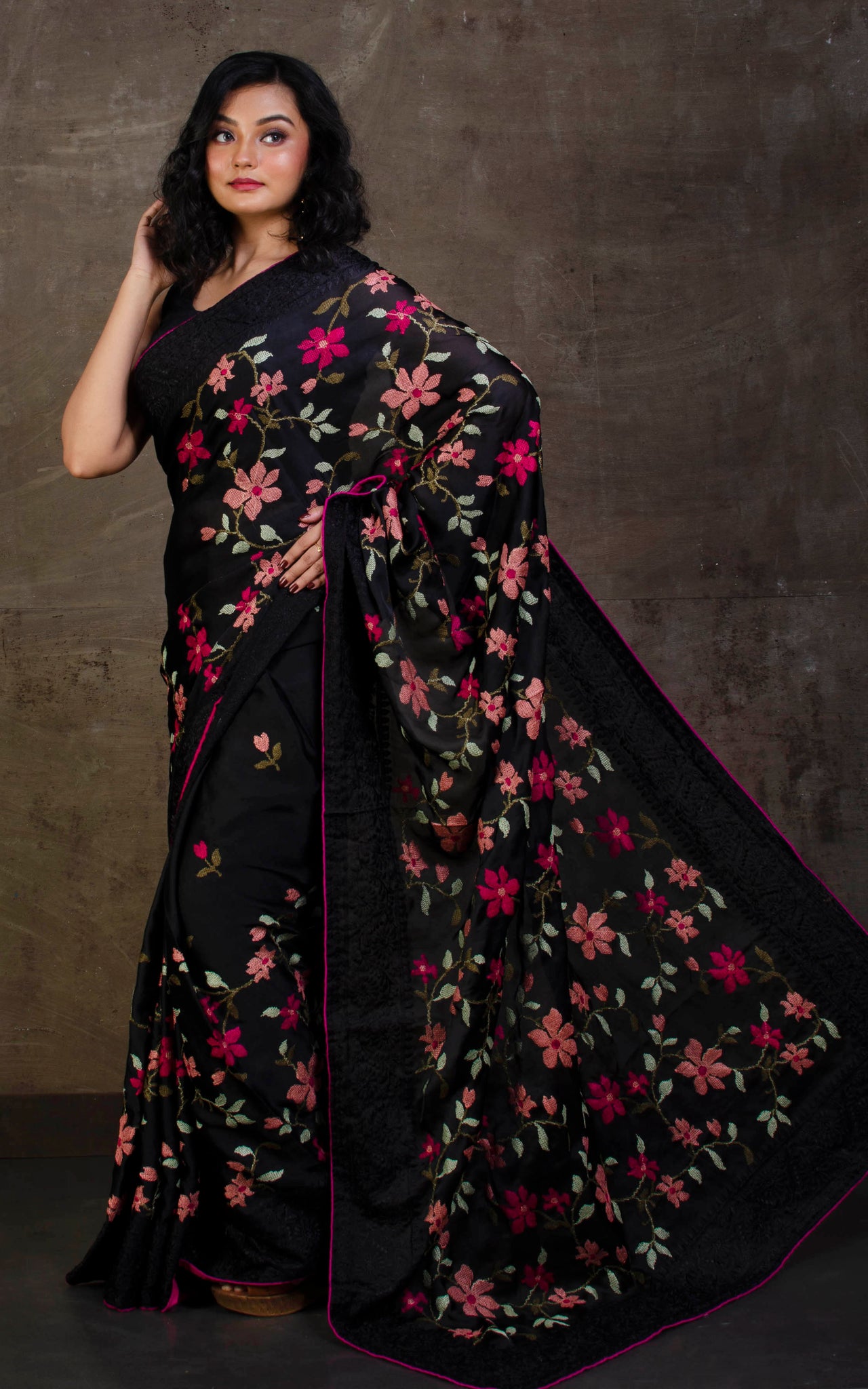 Buy Masterpiece Black Hand Embroidered Parsi Gara Saree at Amazon.in