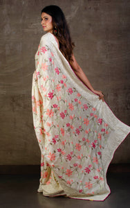 Parsi Cross Stitch Work Designer Italian Crepe Silk Saree in Off White, Magenta and Multicolored Thread Work