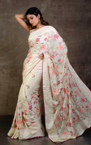 Parsi Cross Stitch Work Designer Italian Crepe Silk Saree in Off White, Magenta and Multicolored Thread Work
