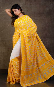 Kashmiri Embroidery Work Designer Saree in White and Bumblebee Yellow Thread Work