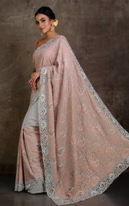 Kashmiri Embroidery Work Designer Saree in Pewter Grey, Lilac and Multicolored Thread Work
