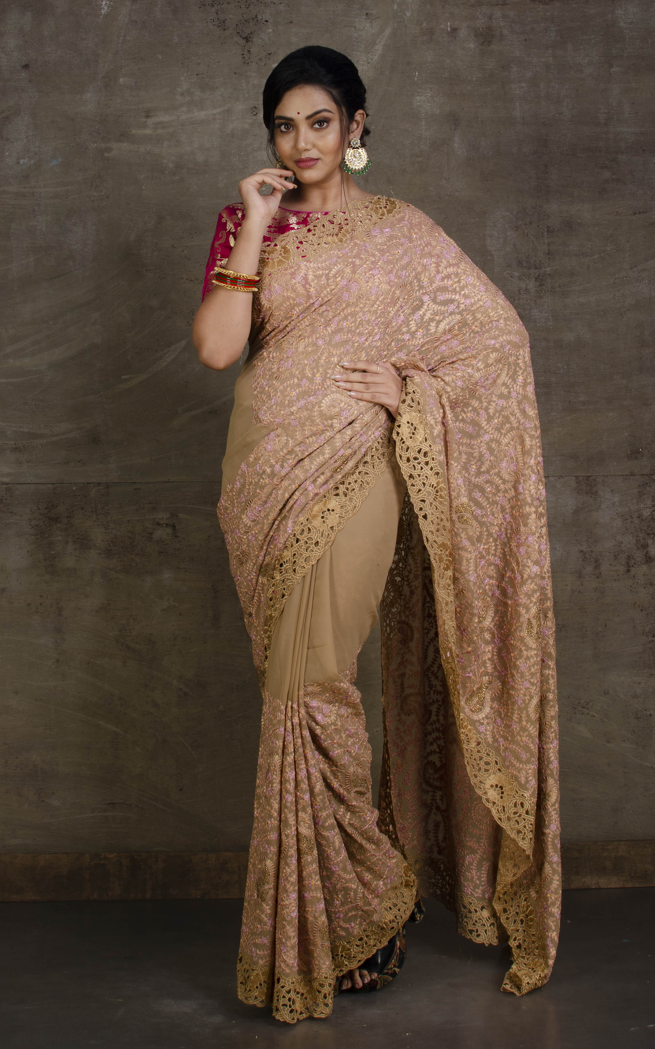 Fancy imported Fabrics Party Wear Wear Saree In Golden With Embroidery Work