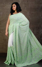 Kashmiri Embroidery Work Designer Saree in White and Mint Green Work