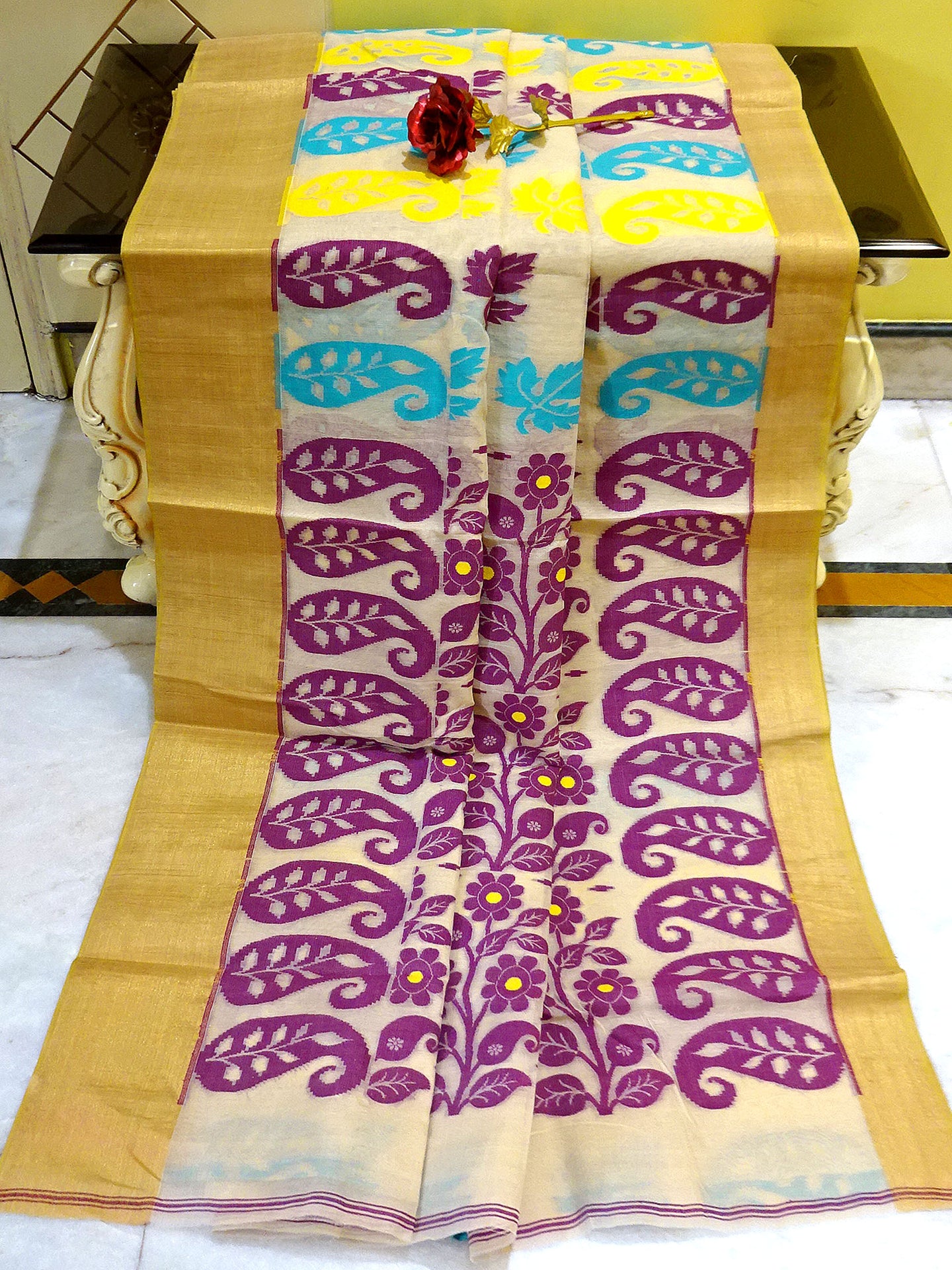 Dhakai Jamdani Saree in Beige,Purple,Azure and Yellow - Bengal Looms India
