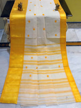 Bengal Handloom Satin Silk Border Cotton Saree in White and Yellow
