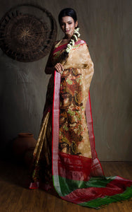 Pure Handloom Digital Printed Linen Saree in Beige and Maroon - Bengal Looms India