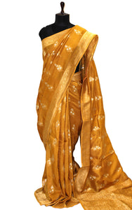 Handwoven Semi Moonga Tussar Silk Saree in Mustard Golden, Silver and Brush Gold
