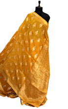 Handwoven Semi Moonga Tussar Silk Saree in Mustard Golden, Silver and Brush Gold