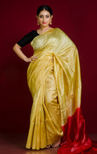 Premium Handloom Dupion Tussar Silk Saree in Canary Yellow and Scarlet Red