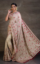 Kashmiri Embroidery Work Designer Saree in Birch Wood and Scarlet Red from Bengal Looms India