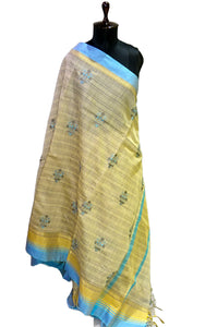 Embroidery Work Semi Tussar Saree in Beige and Pastel Blue