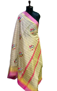 Embroidery Work Semi Tussar Saree in Beige and Pastel Pink