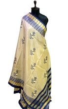 Embroidery Work Soft Kosa Silk Saree in Cream, Khaki and Navy Blue Thread Work