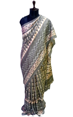 Batik Printed with Embroidery Work Soft Kosa Silk Saree in Fossil Grey, Off White and Light Brown