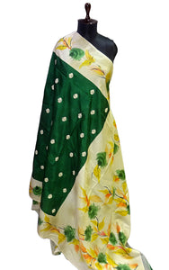 Embroidery Work Soft Kosa Silk Saree in Phthalo Green, Beige and Multicolored